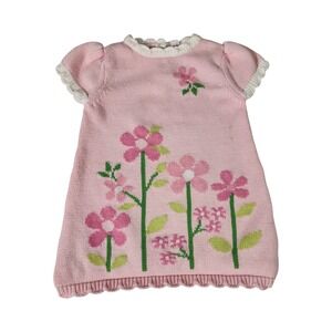 Hartstrings Pink Cotton Knit Floral Baby Girl Dress 12M Ruffle Trim Short Sleeve